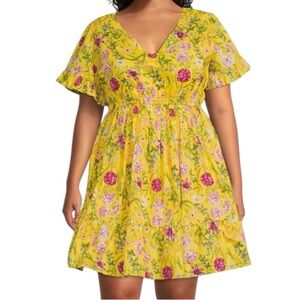 Terra & Sky Yellow Floral V-Neck Flutter Sleeve Gathered Waist Mini Dress 1X